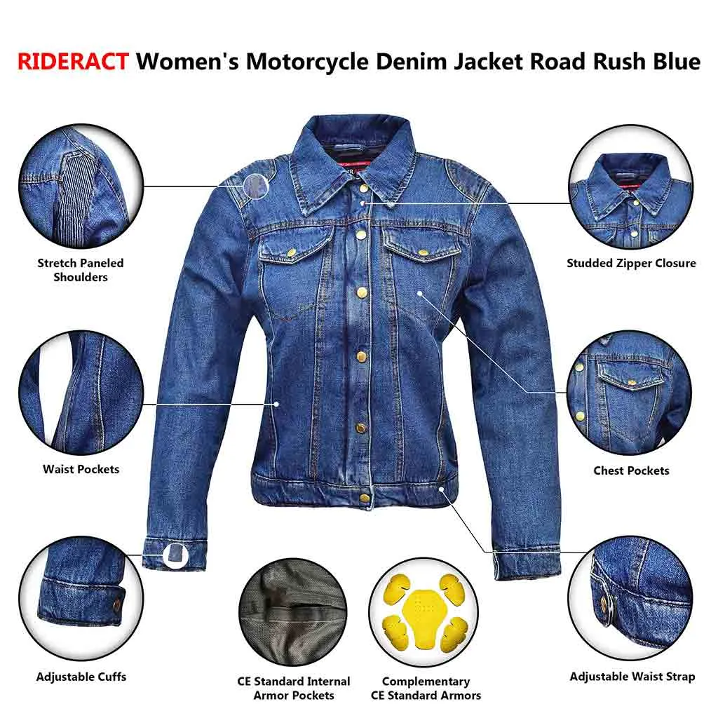 RIDERACT® Women Denim Jacket Motorcycle Reinforced Biker Denim Jacket Road Rush Blue