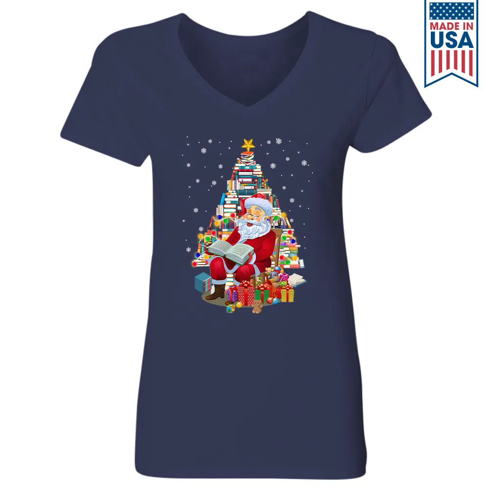 Santa Claus Is Reading Books Book Lover Gift Women's V-neck T-shirt TSVB256