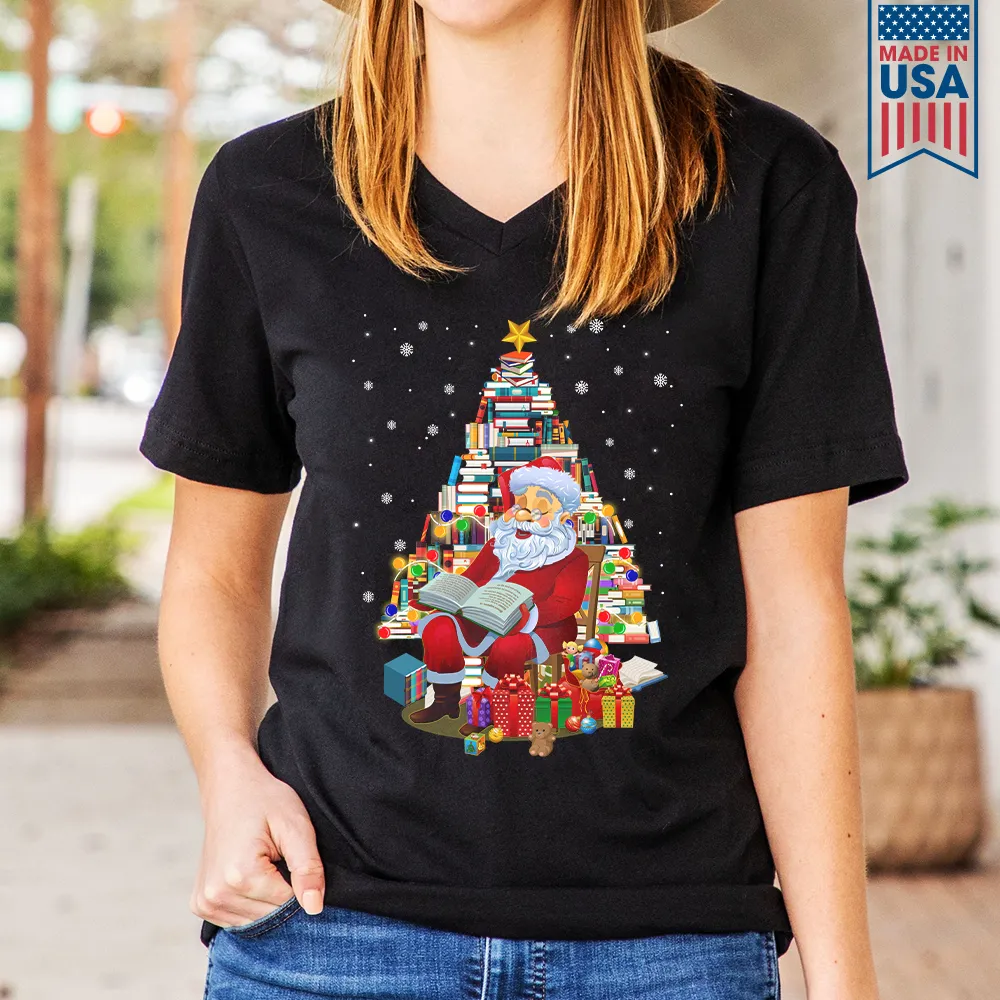 Santa Claus Is Reading Books Book Lover Gift Women's V-neck T-shirt TSVB256
