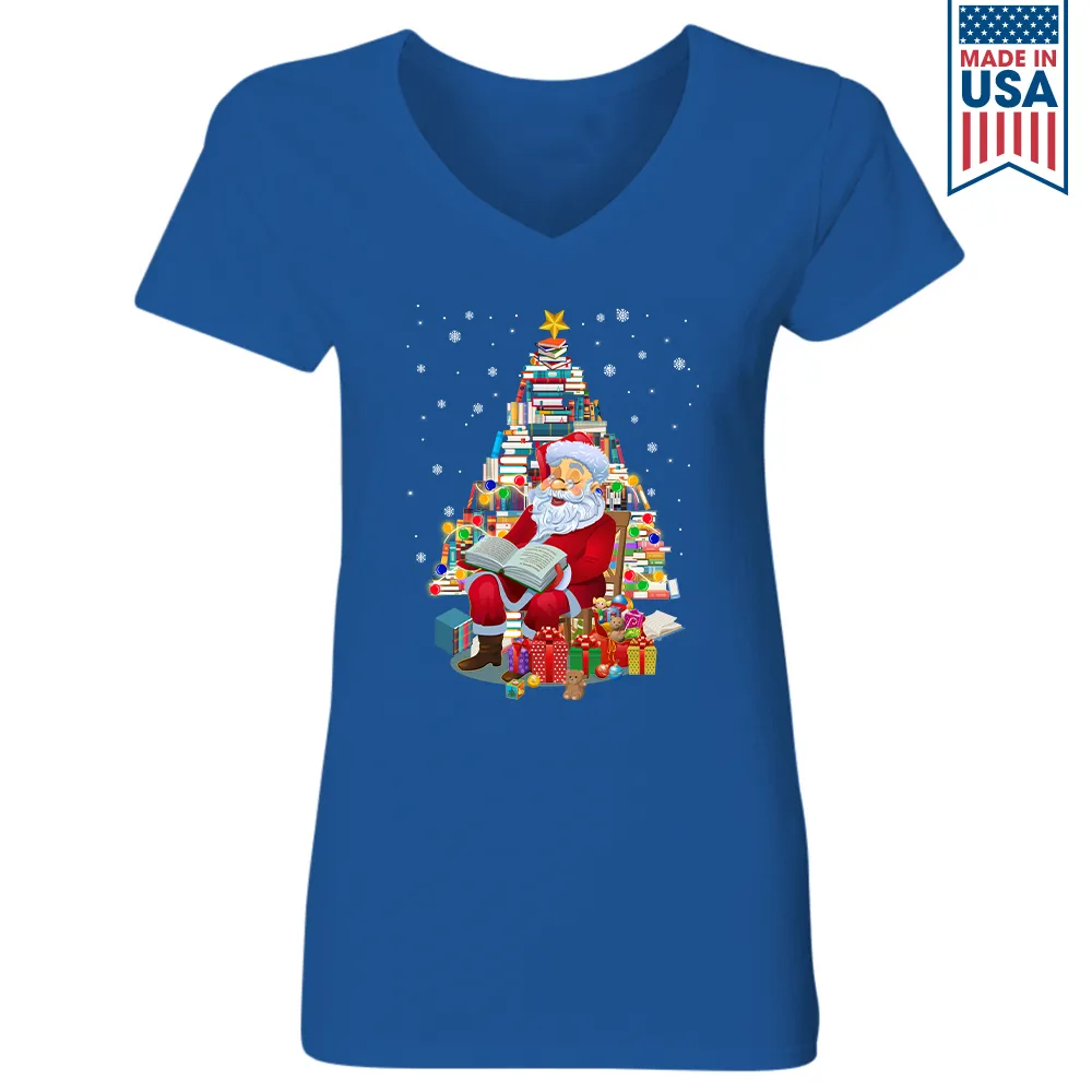 Santa Claus Is Reading Books Book Lover Gift Women's V-neck T-shirt TSVB256