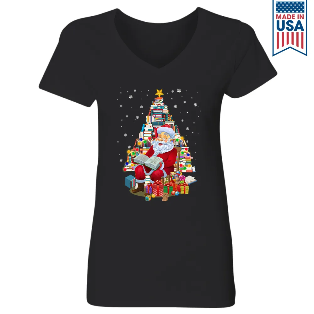 Santa Claus Is Reading Books Book Lover Gift Women's V-neck T-shirt TSVB256