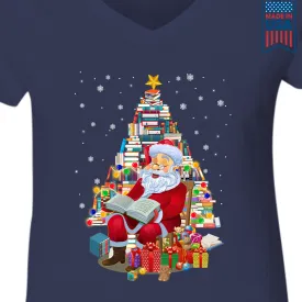 Santa Claus Is Reading Books Book Lover Gift Women's V-neck T-shirt TSVB256