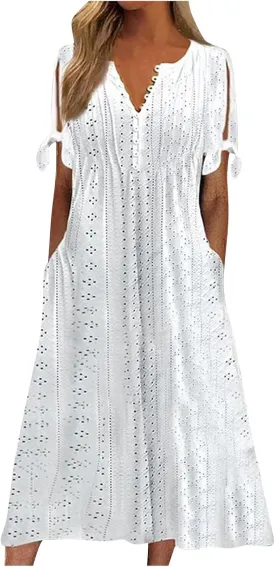 Short Sleeve Summer Dresses for Women 2025 Button V Neck Eyelet Beach Boho Vacation Maxi Sundress with Pockets