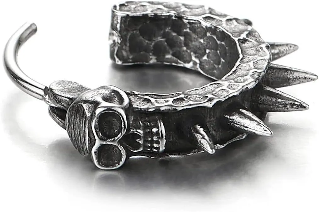 Stainless Steel Skull Hoop Earrings Spike Circle Huggie Hinged, for Men Women, 1 Pair