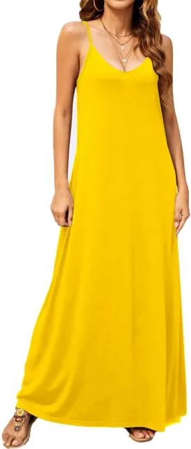 Supnier Women's Summer Maxi Dress Casual V-Neck Sleeveless Bohemian Spaghetti Strap Floral Long Maxi Dress with Pockets