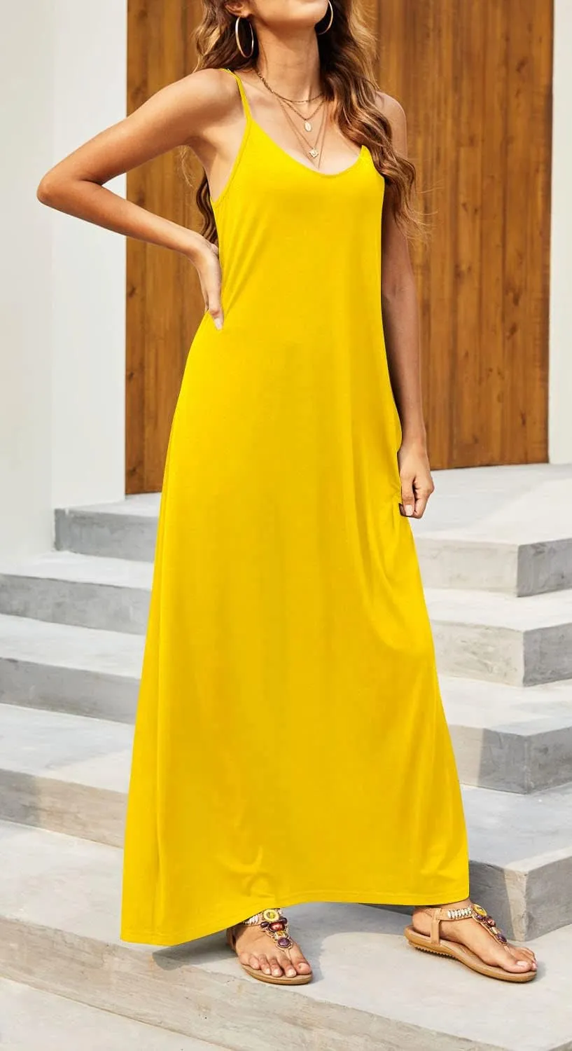 Supnier Women's Summer Maxi Dress Casual V-Neck Sleeveless Bohemian Spaghetti Strap Floral Long Maxi Dress with Pockets