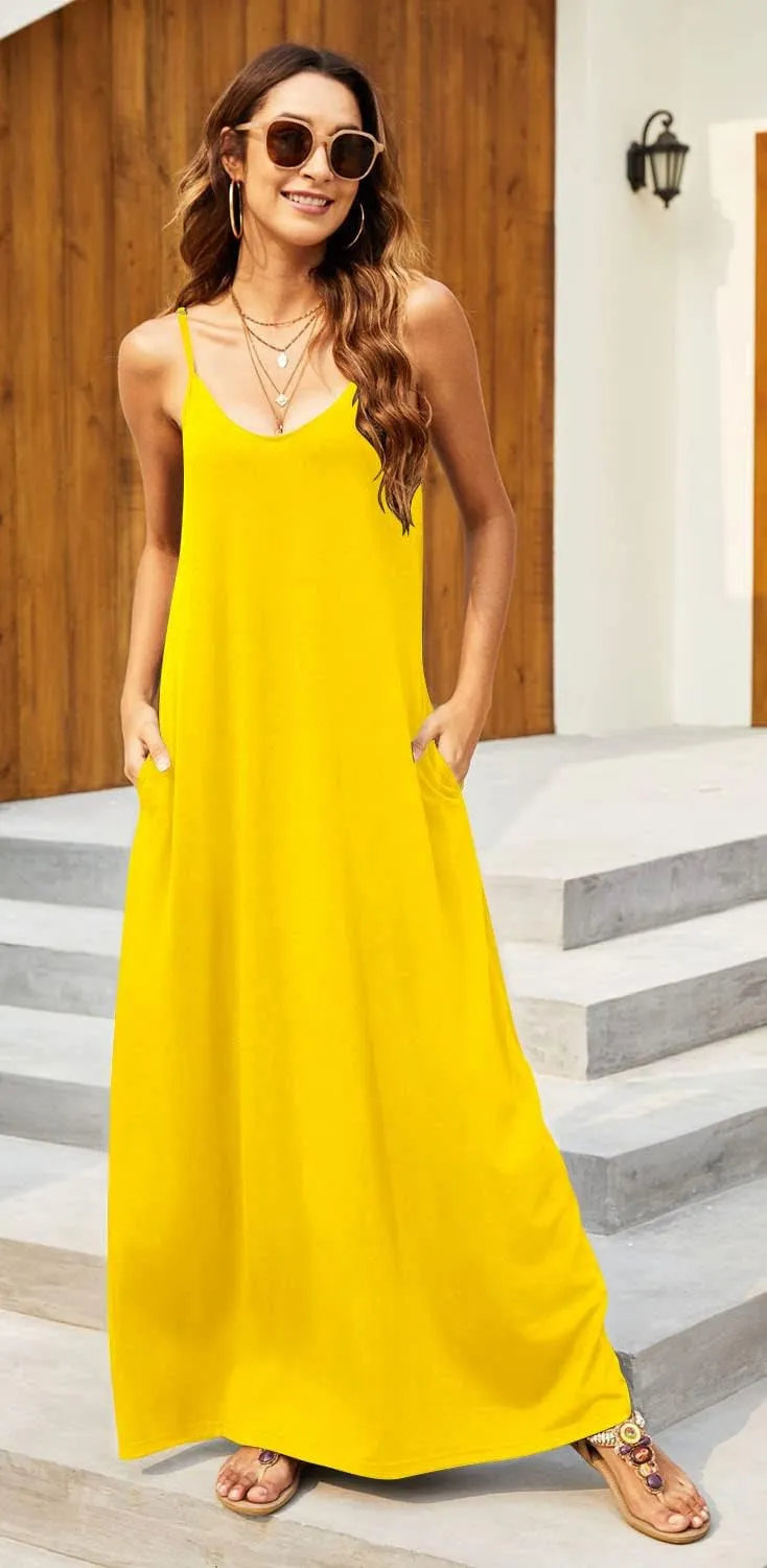 Supnier Women's Summer Maxi Dress Casual V-Neck Sleeveless Bohemian Spaghetti Strap Floral Long Maxi Dress with Pockets