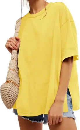 UNCLECAT Womens Oversized T Shirts Summer Trendy Short Sleeve Crew Neck Tops Loose Fit Side Slit Tee