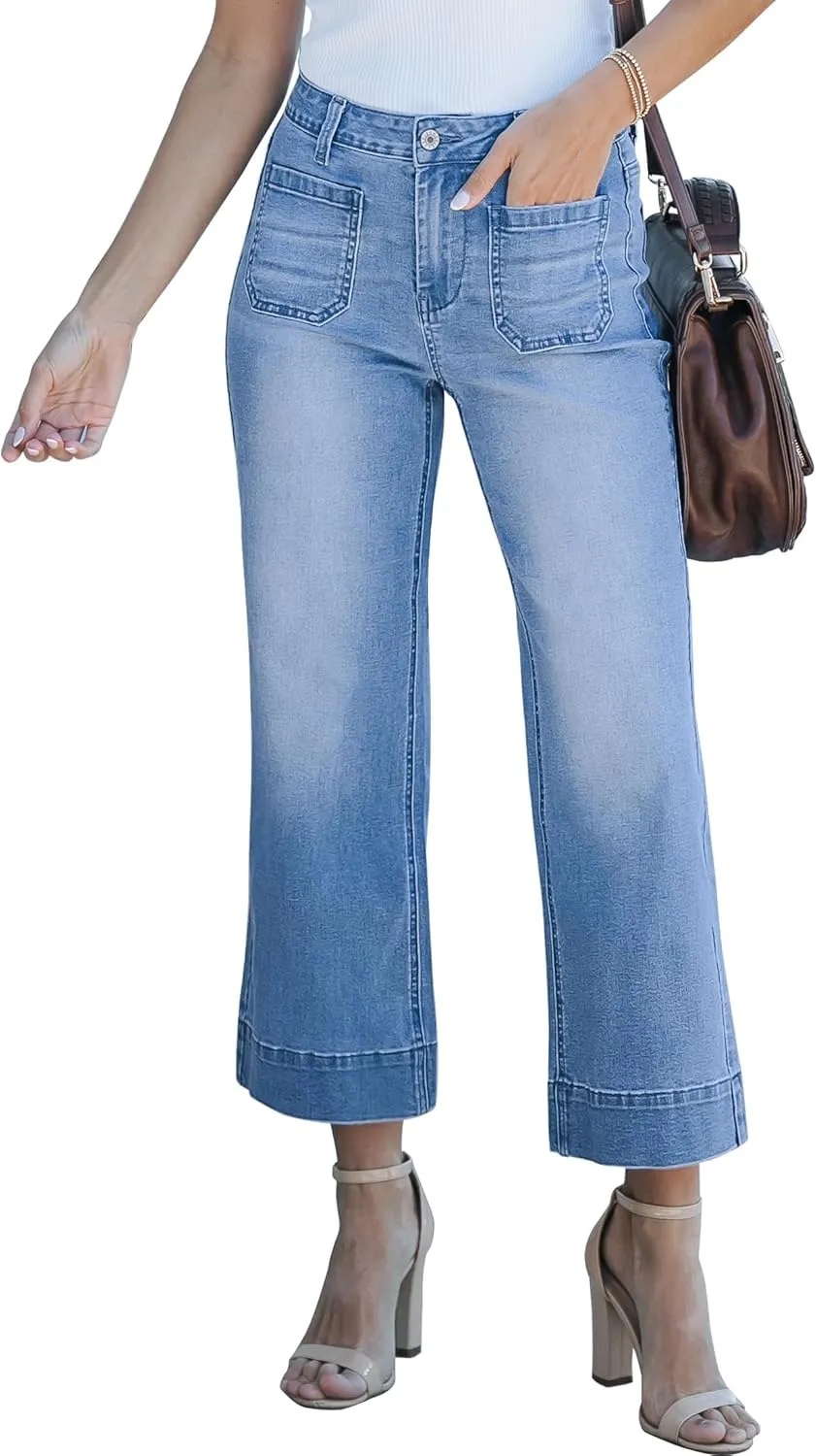 Wide Leg Jeans for Women Mid Waisted Straight Leg Stretchy Cropped Denim Pants with Patch Pockets Jeans