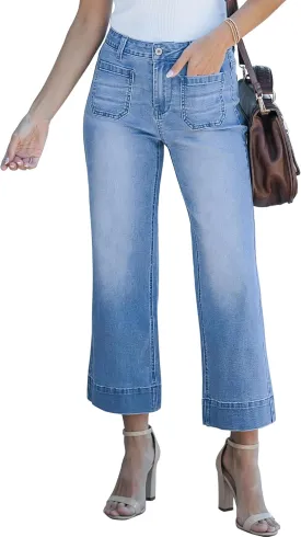 Wide Leg Jeans for Women Mid Waisted Straight Leg Stretchy Cropped Denim Pants with Patch Pockets Jeans