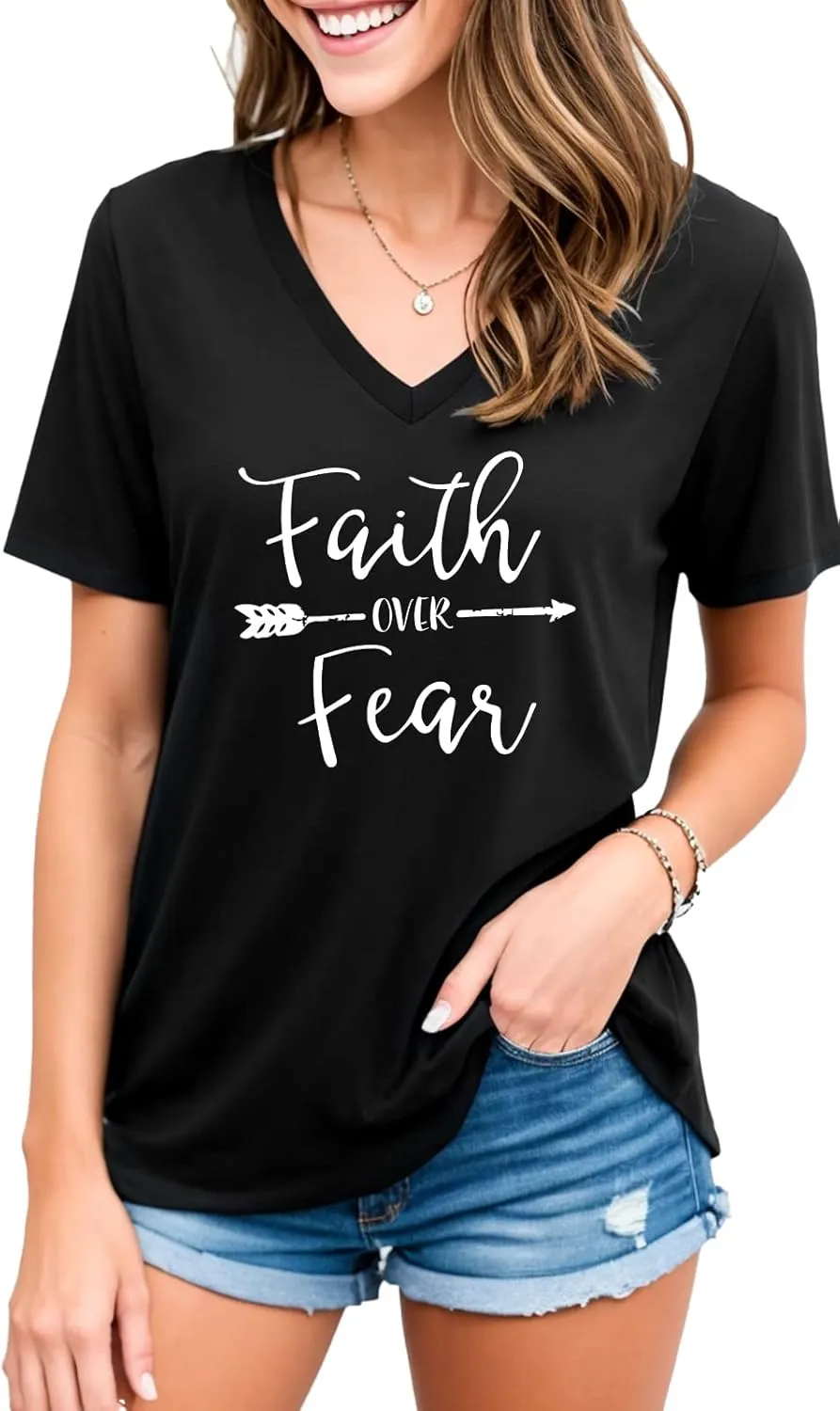Women Cross Faith T Shirts for Women V-Neck Graphic Tees Letter Printed T-Shirt Christian Tee Shirt