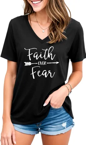 Women Cross Faith T Shirts for Women V-Neck Graphic Tees Letter Printed T-Shirt Christian Tee Shirt