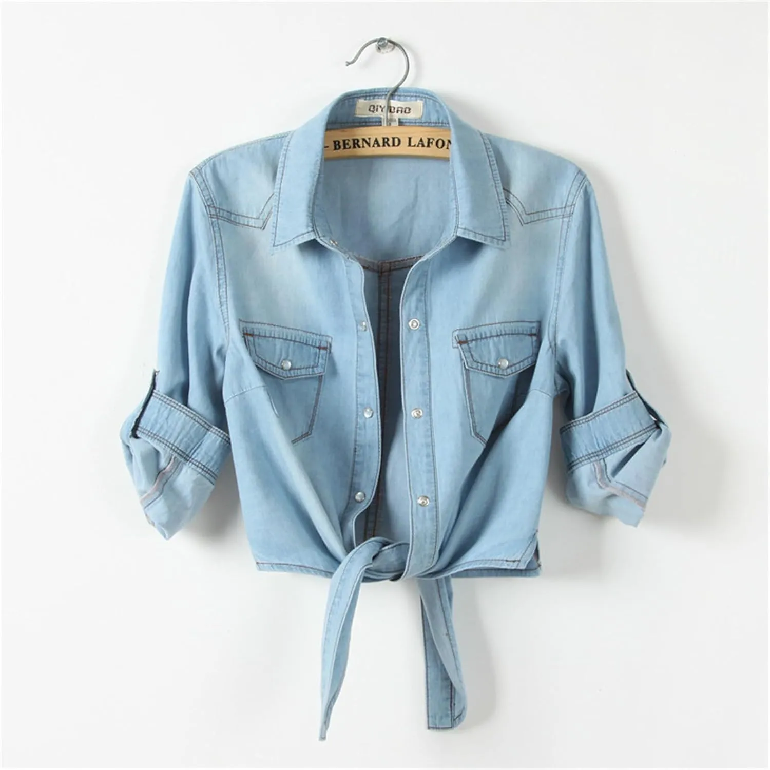 Women Denim Shirt Collared Jean Shirts Long Sleeve Button Down Blouses with Pockets Classic Basic Solid Blouse Jacket