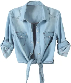 Women Denim Shirt Collared Jean Shirts Long Sleeve Button Down Blouses with Pockets Classic Basic Solid Blouse Jacket