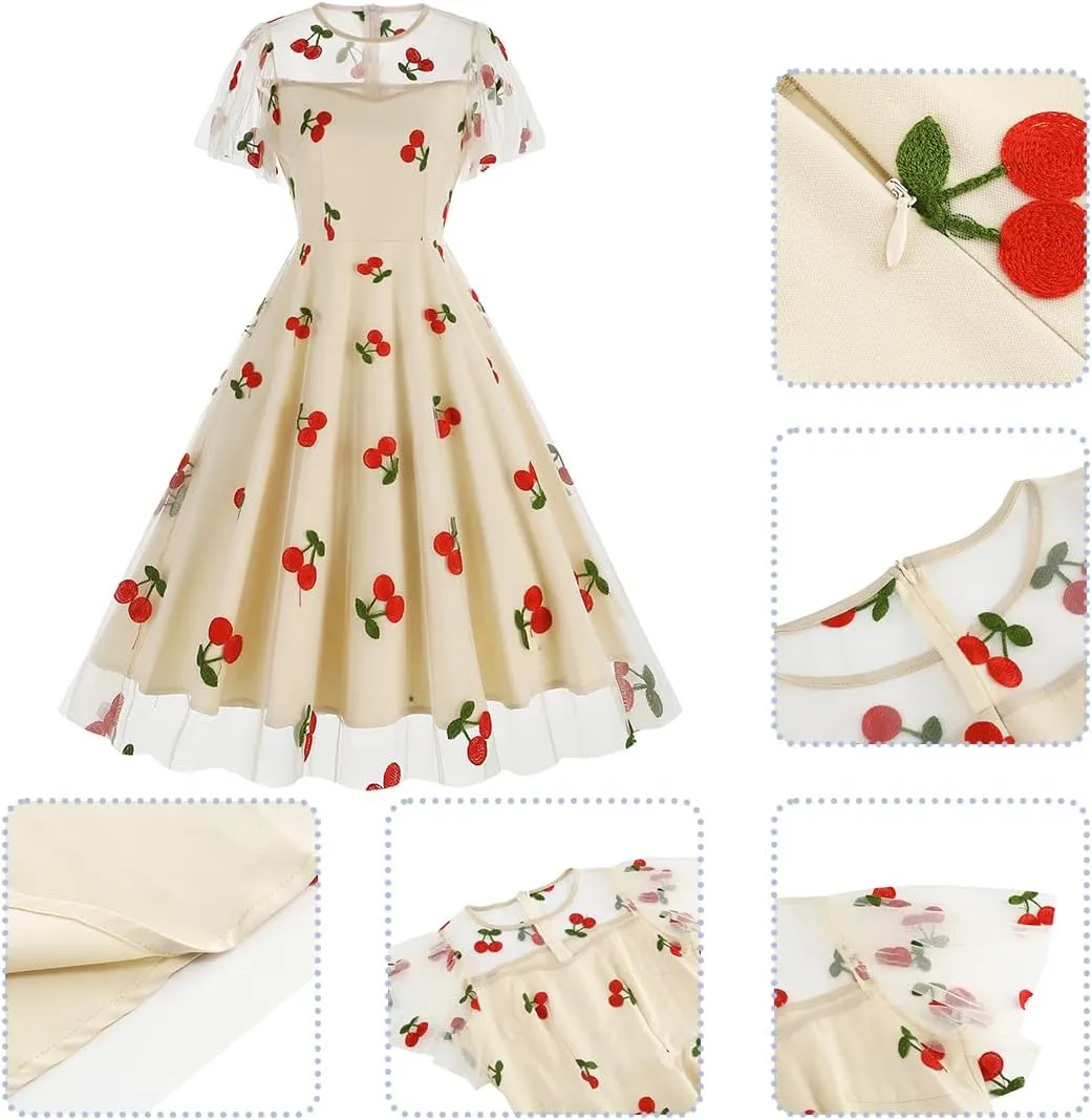 Women Floral Embroidery Dress Sheer Mesh Ruffle Sleeve Illusion Vintage Cocktail Swing Dress Tulle Dinner Dress