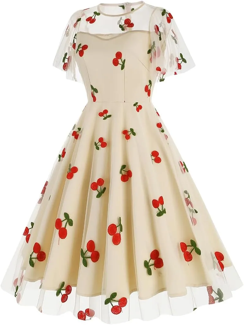 Women Floral Embroidery Dress Sheer Mesh Ruffle Sleeve Illusion Vintage Cocktail Swing Dress Tulle Dinner Dress