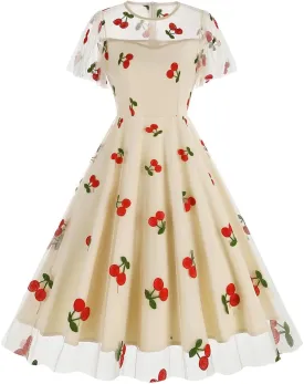 Women Floral Embroidery Dress Sheer Mesh Ruffle Sleeve Illusion Vintage Cocktail Swing Dress Tulle Dinner Dress