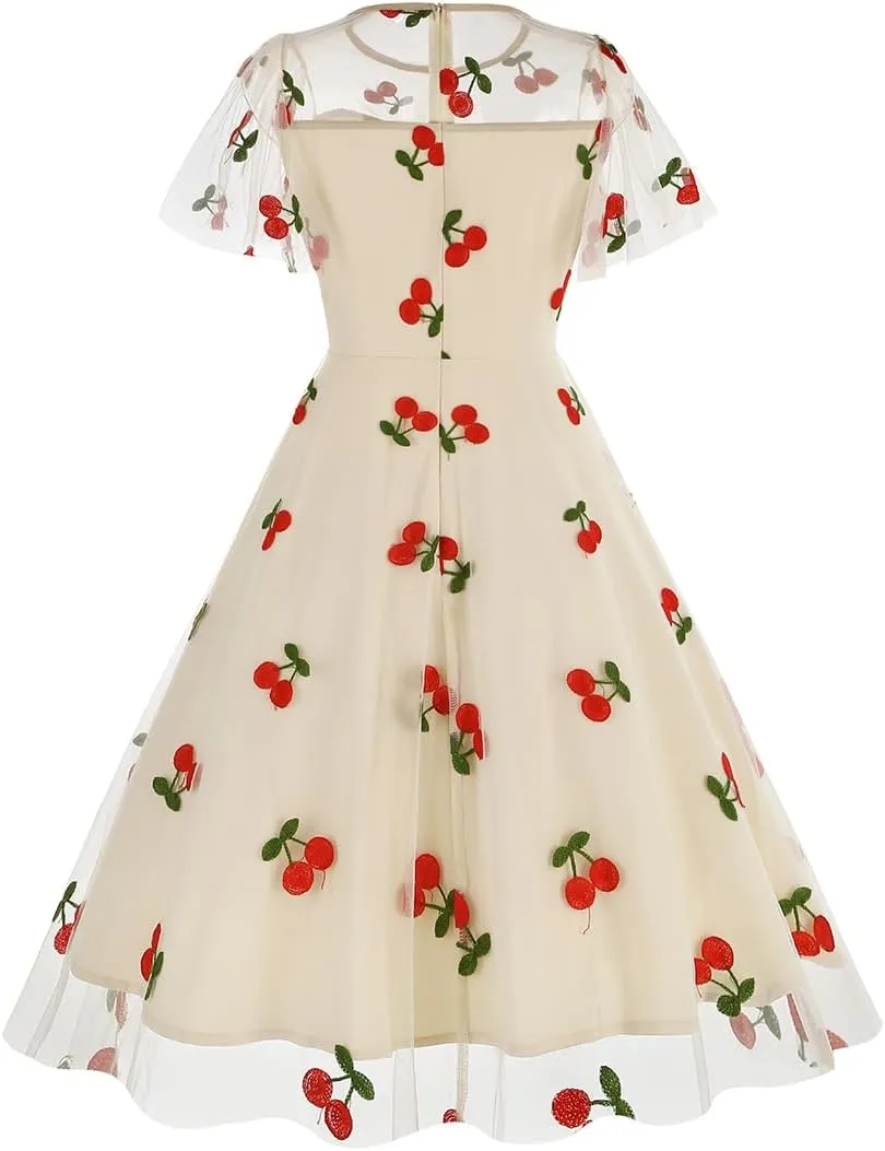 Women Floral Embroidery Dress Sheer Mesh Ruffle Sleeve Illusion Vintage Cocktail Swing Dress Tulle Dinner Dress