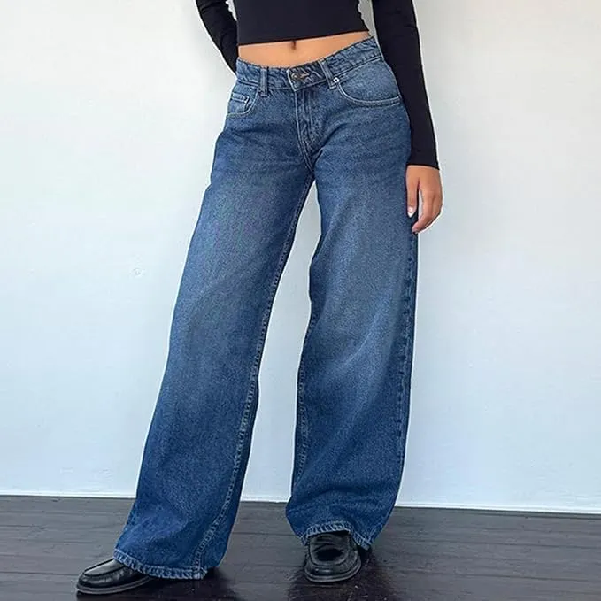 Women Low Rise Baggy Jeans Boyfriend Straight Wide Leg Jeans Casual Loose Fashion y2k Denim Pants