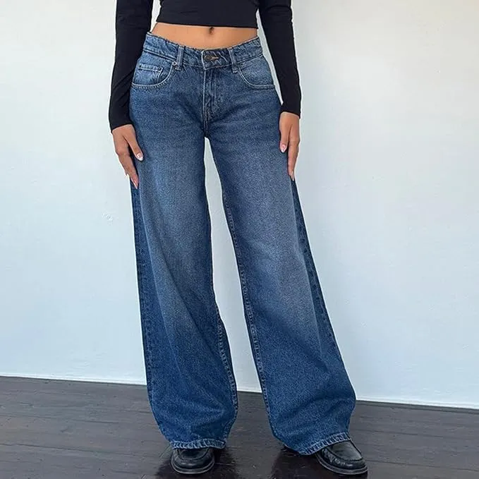 Women Low Rise Baggy Jeans Boyfriend Straight Wide Leg Jeans Casual Loose Fashion y2k Denim Pants