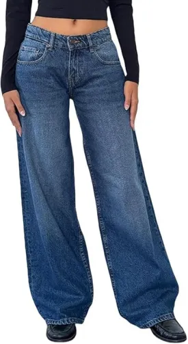 Women Low Rise Baggy Jeans Boyfriend Straight Wide Leg Jeans Casual Loose Fashion y2k Denim Pants