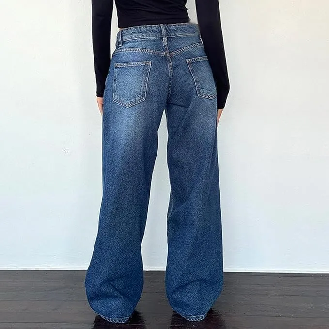Women Low Rise Baggy Jeans Boyfriend Straight Wide Leg Jeans Casual Loose Fashion y2k Denim Pants