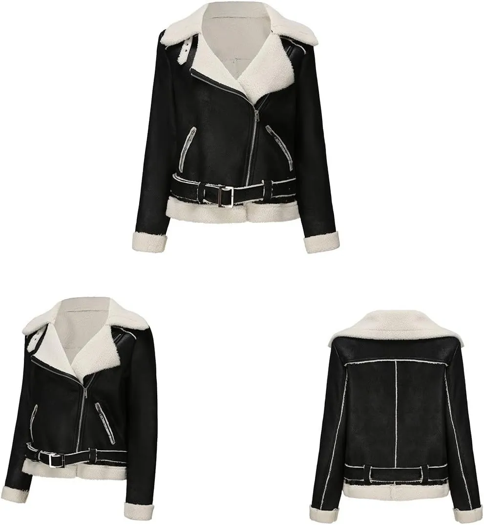 Women Motorcycle Jacket Winter Thicken Long Sleeve Zip Up Fleece Lined Fluffy Faux Shearling Coat Cropped Moto Jacket