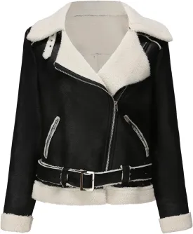 Women Motorcycle Jacket Winter Thicken Long Sleeve Zip Up Fleece Lined Fluffy Faux Shearling Coat Cropped Moto Jacket