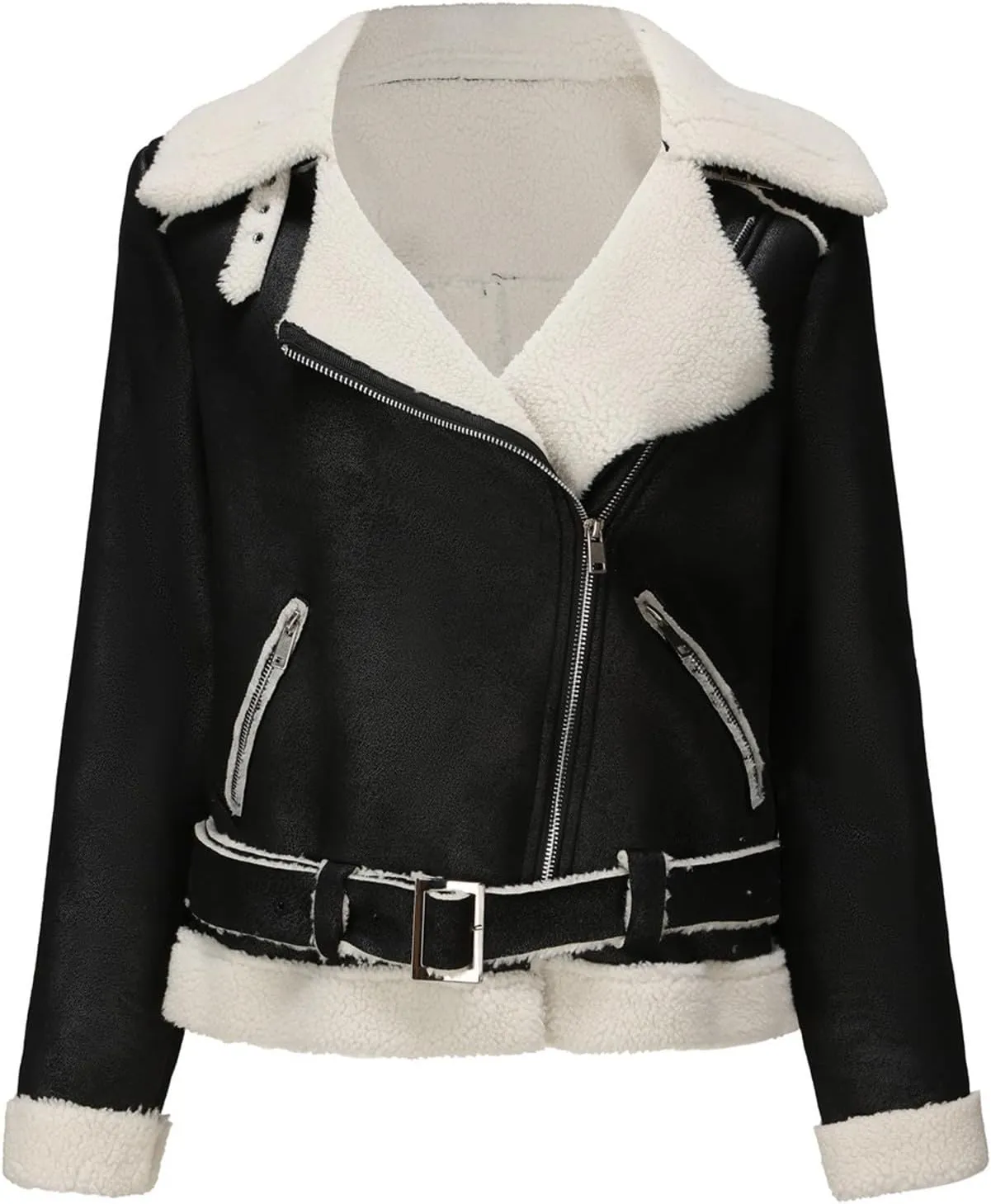 Women Motorcycle Jacket Winter Thicken Long Sleeve Zip Up Fleece Lined Fluffy Faux Shearling Coat Cropped Moto Jacket