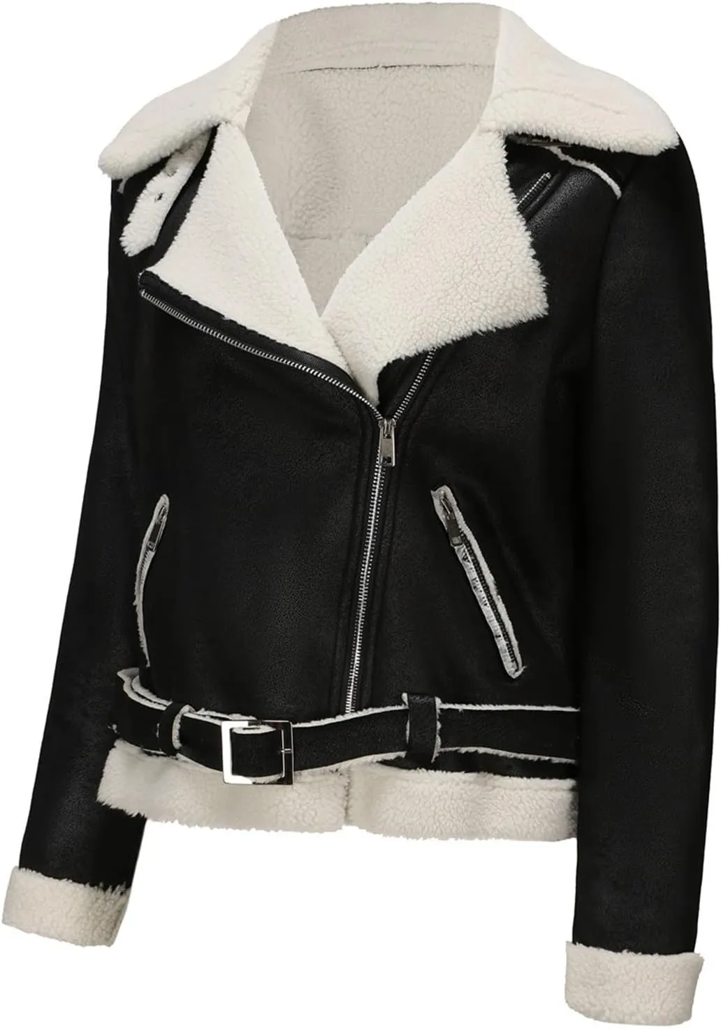 Women Motorcycle Jacket Winter Thicken Long Sleeve Zip Up Fleece Lined Fluffy Faux Shearling Coat Cropped Moto Jacket