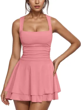 Women Summer Casual Mini Dress Square Neck Sleeveless Short Ruffle Dresses Layered Slim Flowy Aline Tennis Dress