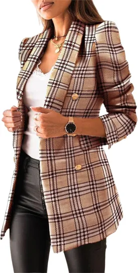Womens Blazers Fashion Dressy Casual Suit Jacket Long Sleeve Double Breasted Plaid Casual Slim Fit Coats