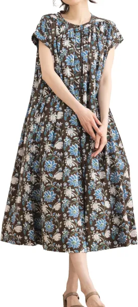 Women's Button Up Midi Dress Botanical Print, Front Open Floral Summer Dress with Soft Silhouette