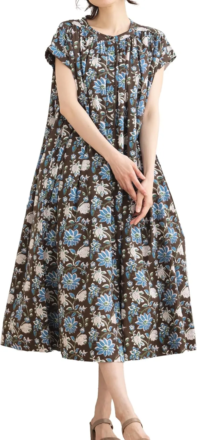 Women's Button Up Midi Dress Botanical Print, Front Open Floral Summer Dress with Soft Silhouette