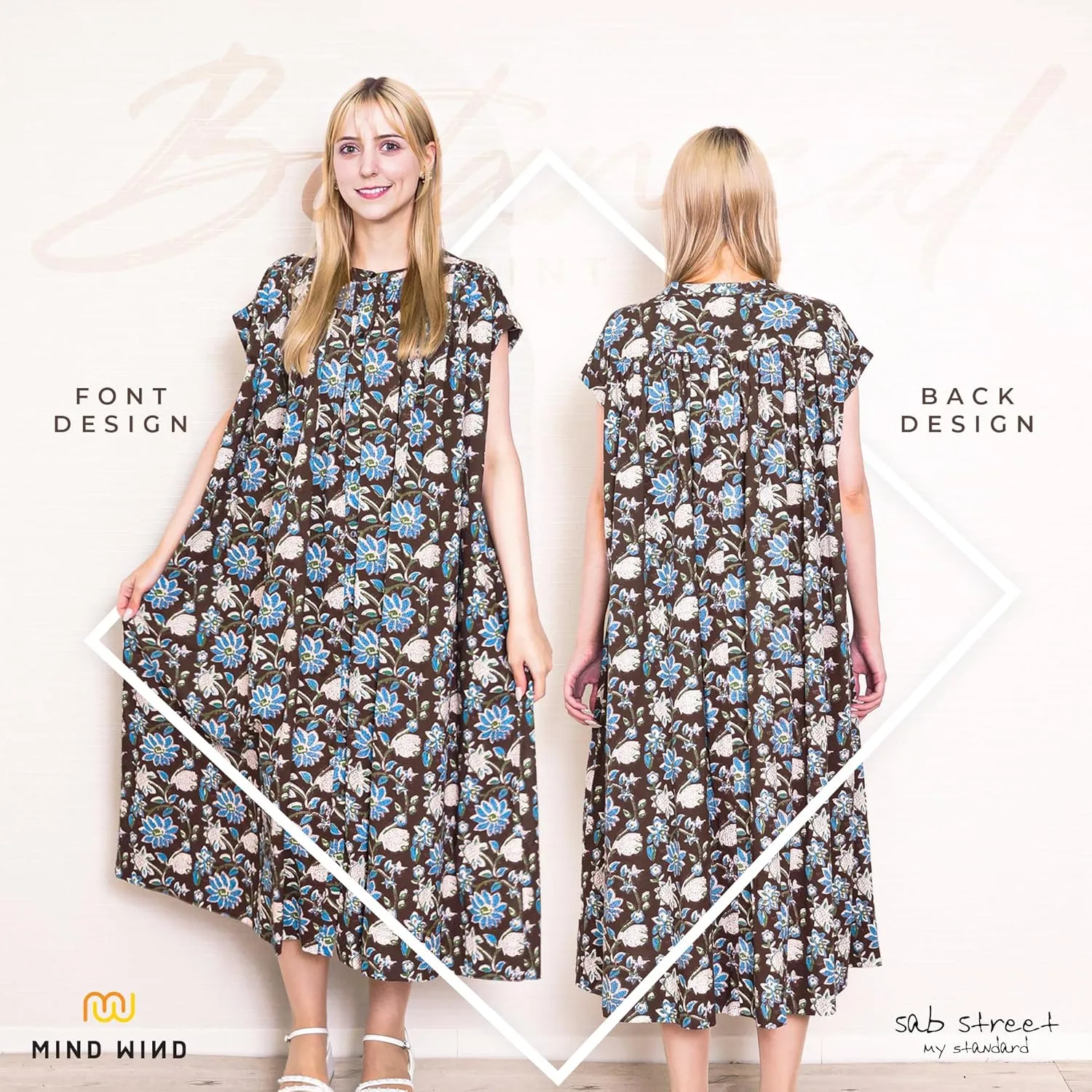 Women's Button Up Midi Dress Botanical Print, Front Open Floral Summer Dress with Soft Silhouette