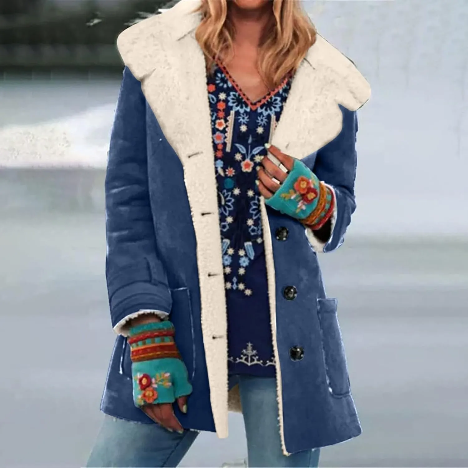 Womens Fleece Lined Jackets 2024 Winter Suede Coats Thickened Warm Sherpa Pea Coats Notch Lapel Vintage Outerwear