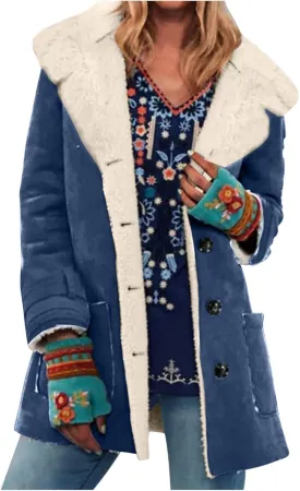 Womens Fleece Lined Jackets 2024 Winter Suede Coats Thickened Warm Sherpa Pea Coats Notch Lapel Vintage Outerwear