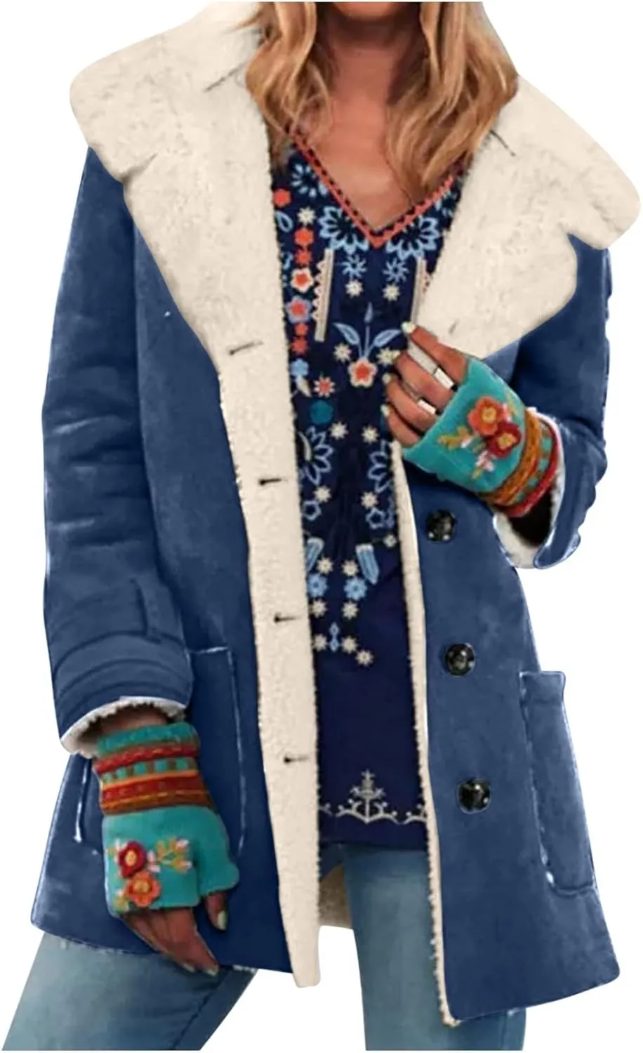 Womens Fleece Lined Jackets 2024 Winter Suede Coats Thickened Warm Sherpa Pea Coats Notch Lapel Vintage Outerwear