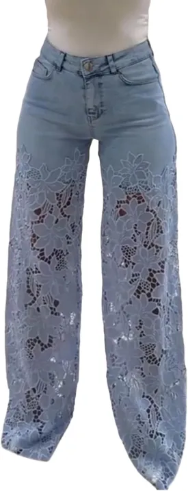 Women's Lace Patchwork Hollow Jeans, Floral Patchwork Ripped Straight Leg Jeans Trouser, Lace Pants for Women Sexy
