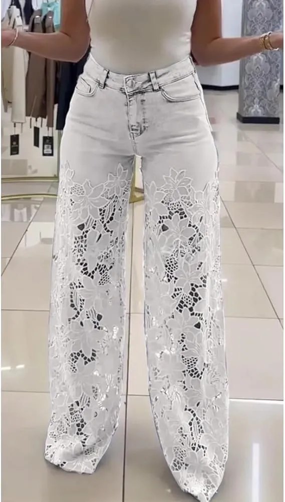 Women's Lace Patchwork Hollow Jeans, Floral Patchwork Ripped Straight Leg Jeans Trouser, Lace Pants for Women Sexy