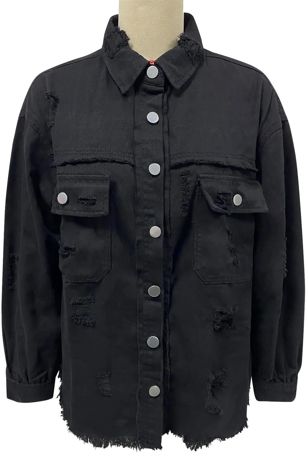 Women's Oversized Denim Jacket Button Up Frayed Hem Shacket Boyfriend Jean Coat Long Sleeve Stretchy Jackets Outfits