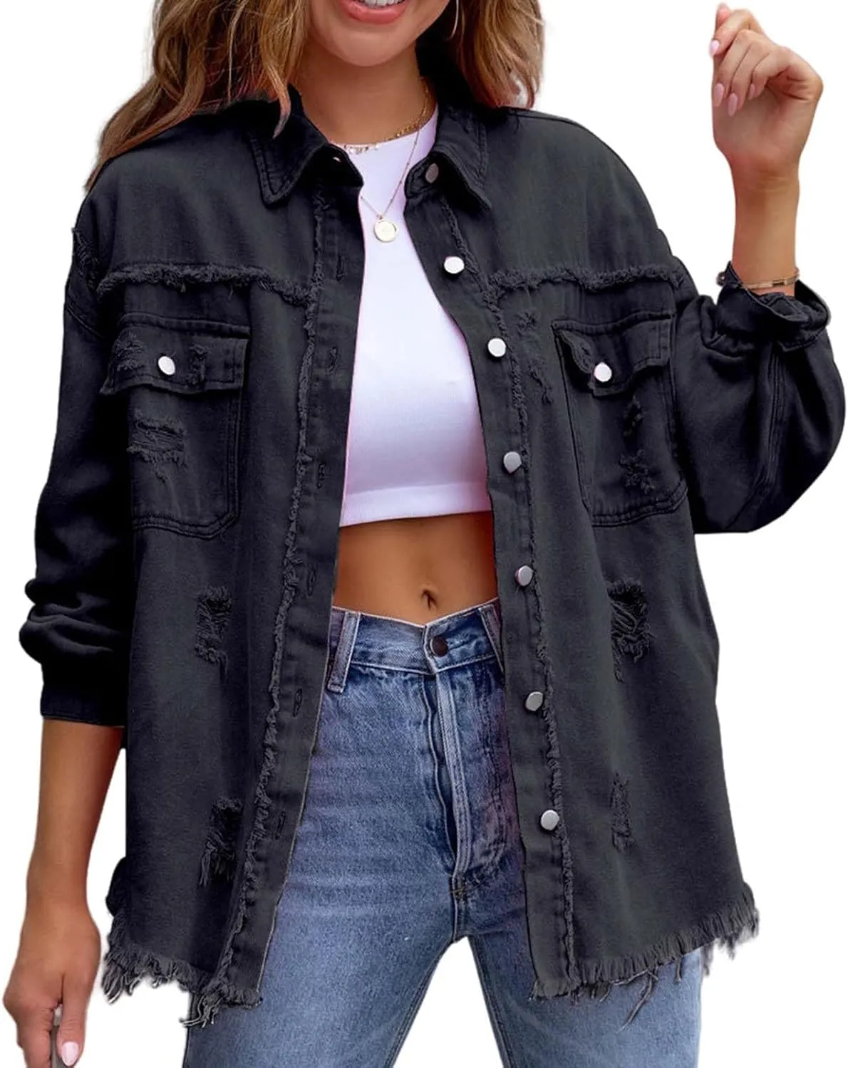 Women's Oversized Denim Jacket Button Up Frayed Hem Shacket Boyfriend Jean Coat Long Sleeve Stretchy Jackets Outfits