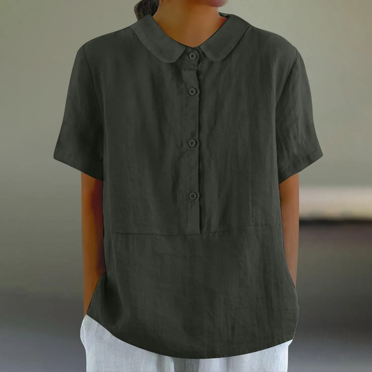Women's Peter Pan Collar Short Sleeves Cotton Linen Shirt Tops Button Work Blouse Teen Girls Casual Loose Tunic Shirts