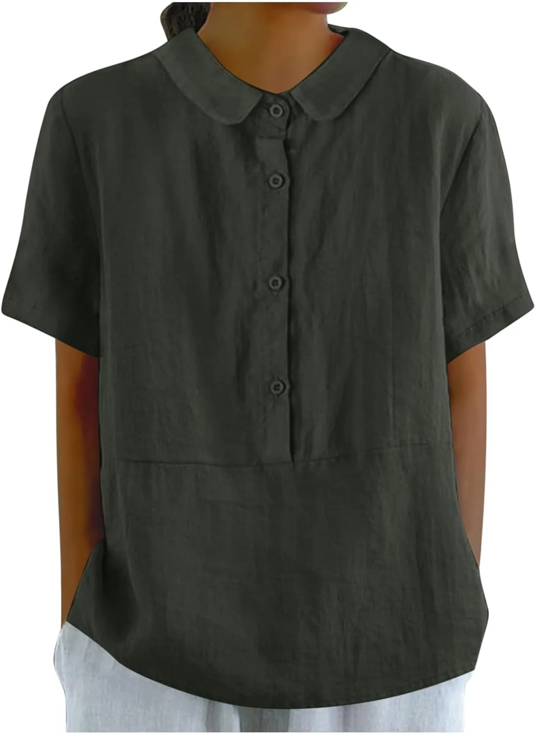 Women's Peter Pan Collar Short Sleeves Cotton Linen Shirt Tops Button Work Blouse Teen Girls Casual Loose Tunic Shirts