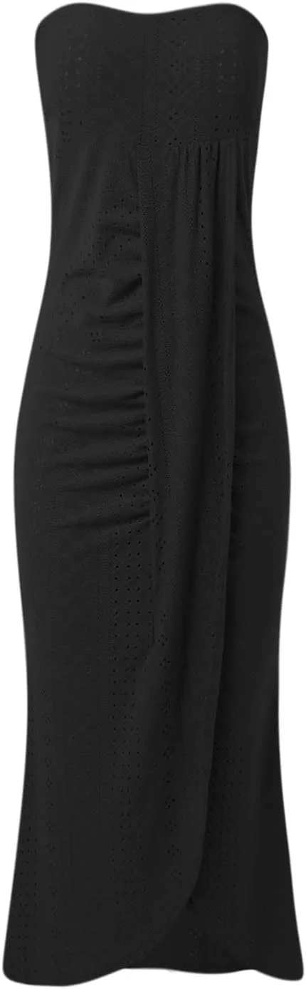 Women's Strapless Dress Casual Off Shoulder High Waist Wrapped Hip Split Midi Long Dresses Sexy Solid Beach Sundress