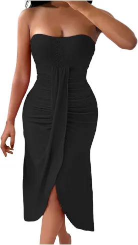Women's Strapless Dress Casual Off Shoulder High Waist Wrapped Hip Split Midi Long Dresses Sexy Solid Beach Sundress