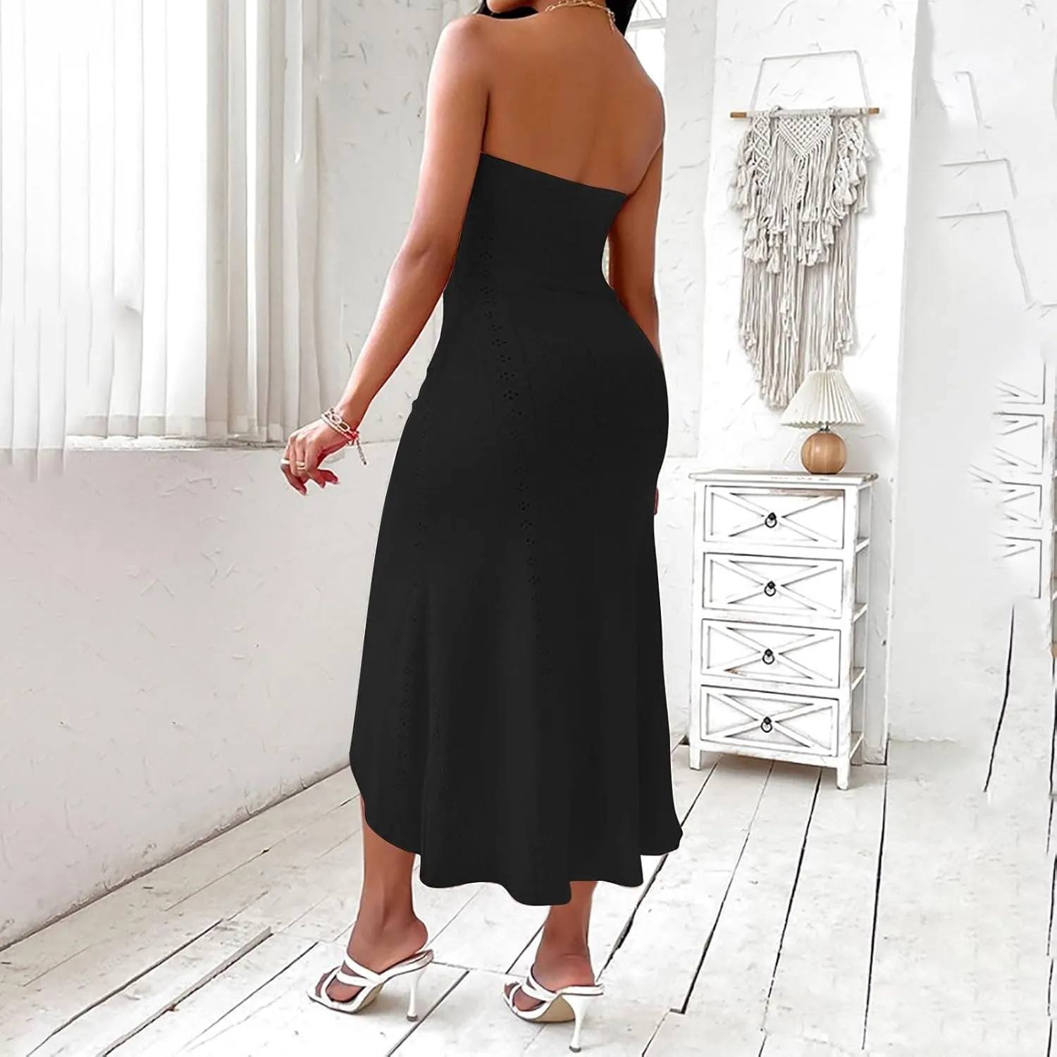 Women's Strapless Dress Casual Off Shoulder High Waist Wrapped Hip Split Midi Long Dresses Sexy Solid Beach Sundress