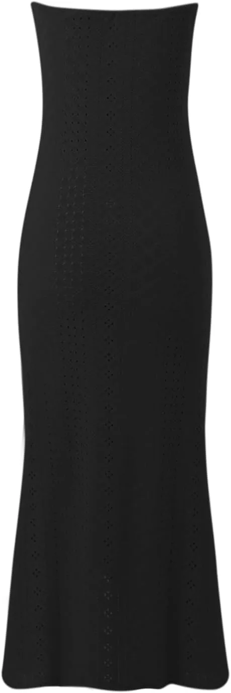 Women's Strapless Dress Casual Off Shoulder High Waist Wrapped Hip Split Midi Long Dresses Sexy Solid Beach Sundress