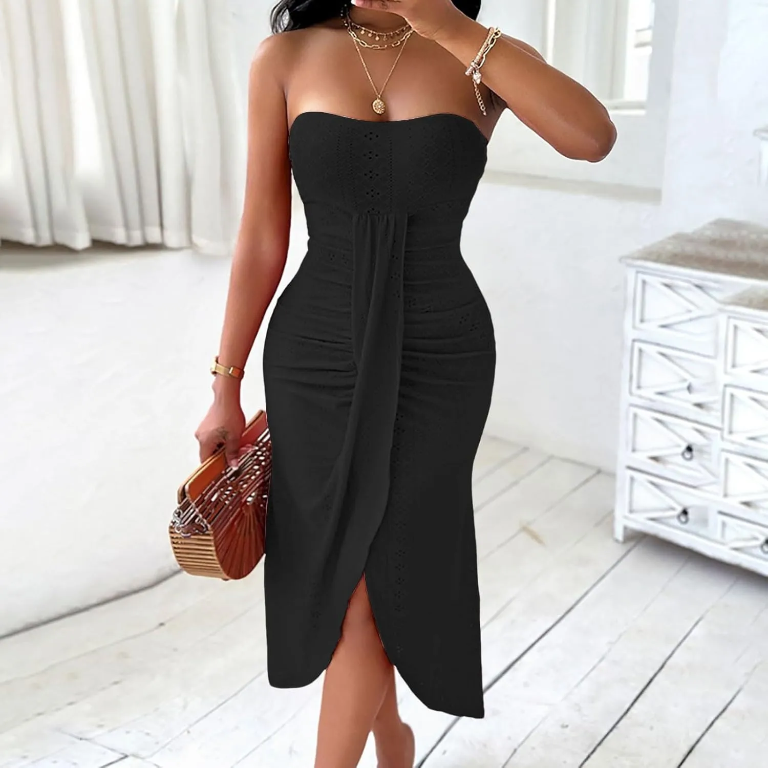 Women's Strapless Dress Casual Off Shoulder High Waist Wrapped Hip Split Midi Long Dresses Sexy Solid Beach Sundress