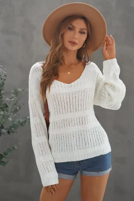 Women's White Scoop Neck Long Sleeve Open Knit Sweater
